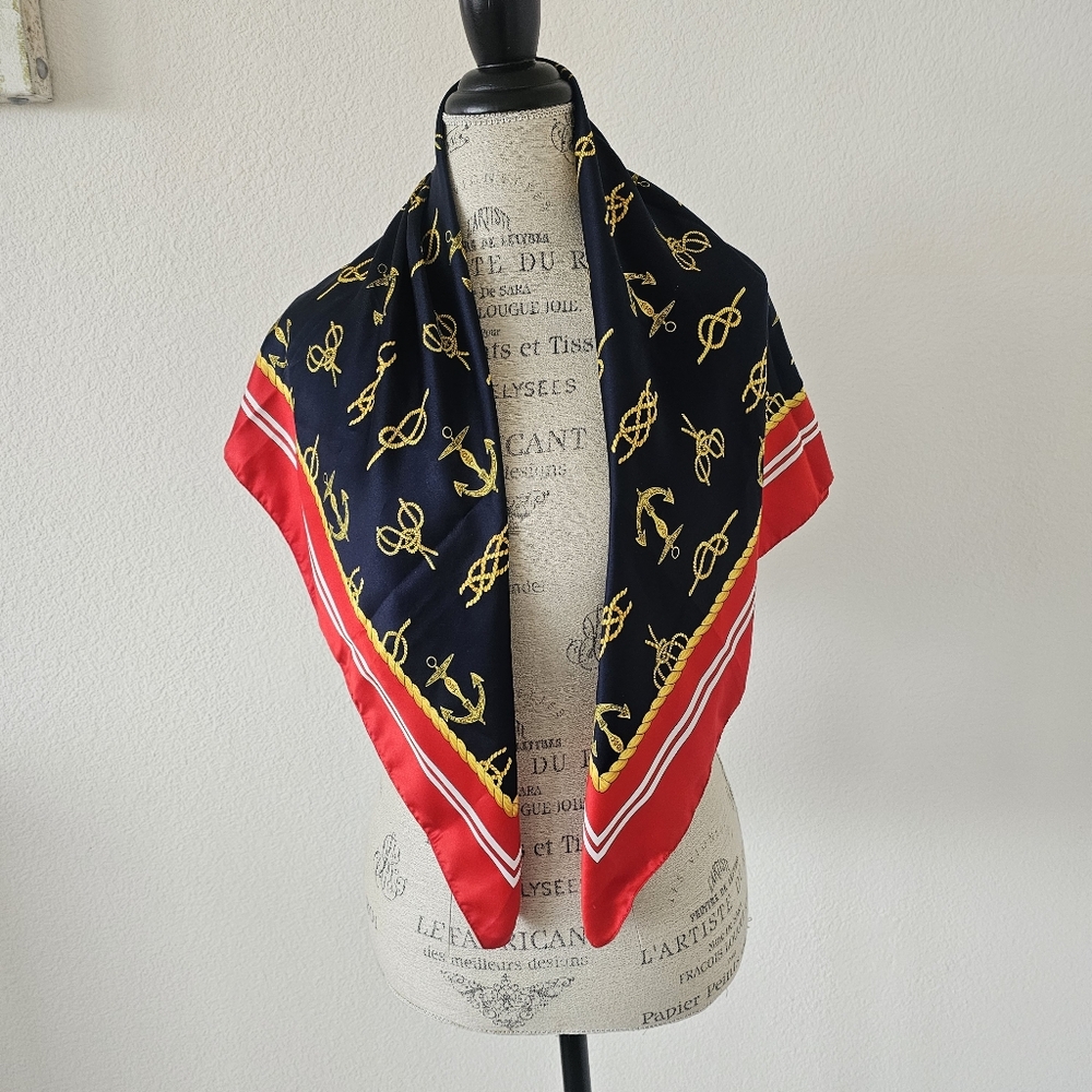 Vintage Made in Italy Nautical Anchor Rope Print Square Scarf Navy Red White